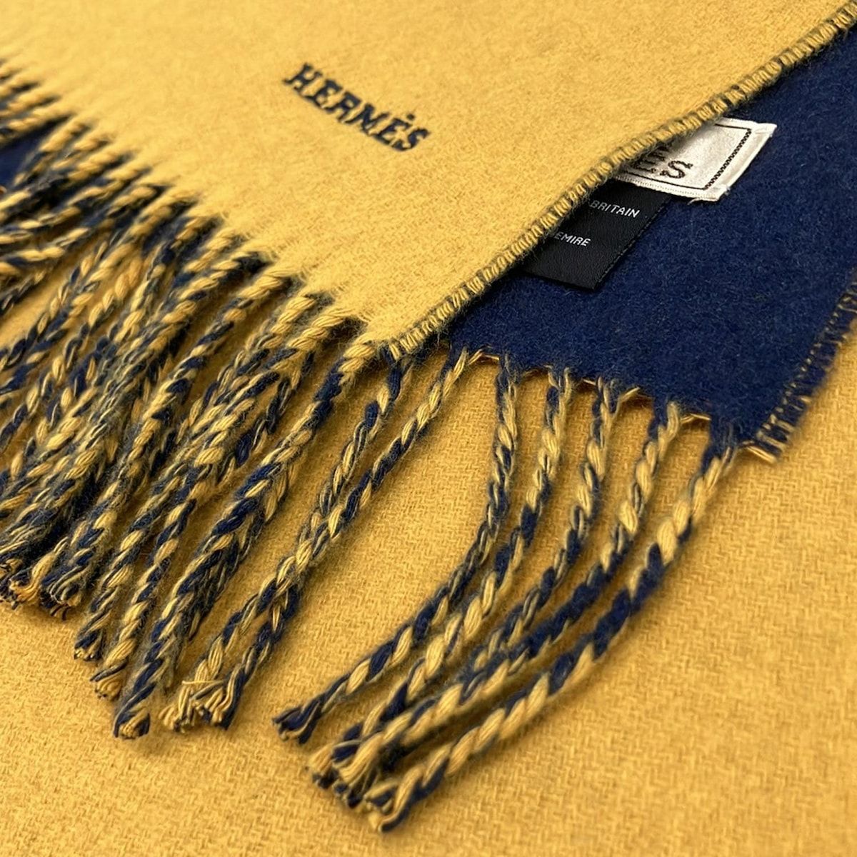 HERMES(エルメス) マフラー - ダークイエロー×ネイビー カシミヤ