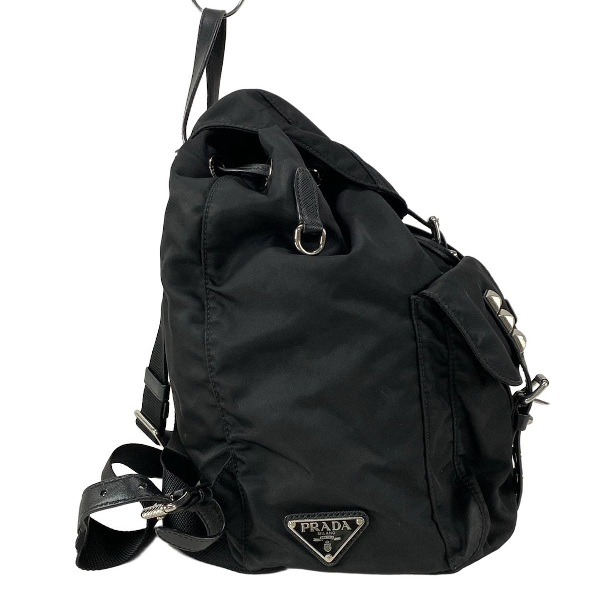 PRADA プラダ リュックサック - 1 BZ 811 黒 スタッズ トライアングルプレート レザー