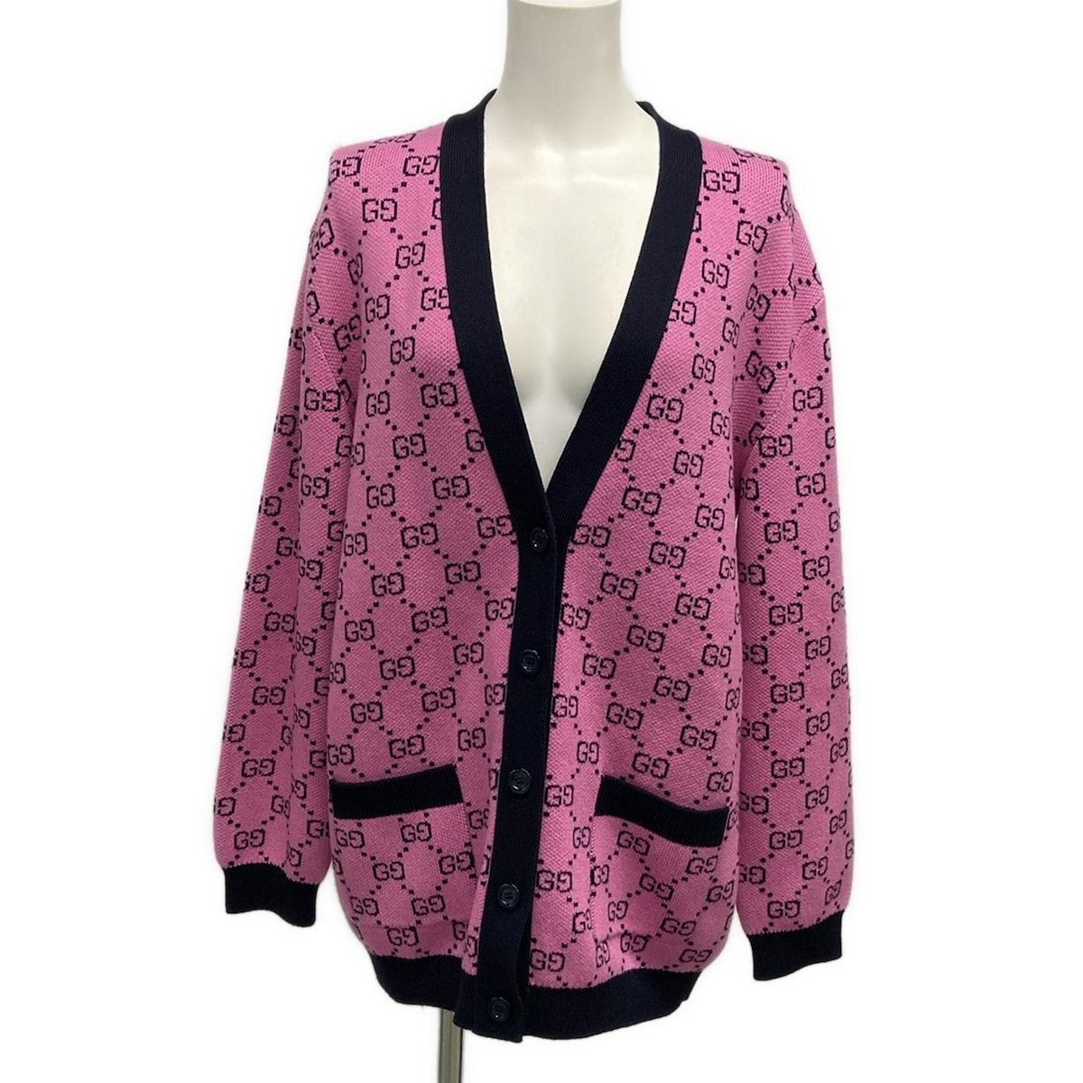 GUCCI グッチ カーディガン サイズS レディース - 662036 XKBXI ピンク×黒 長袖 GG柄 コットン ウール