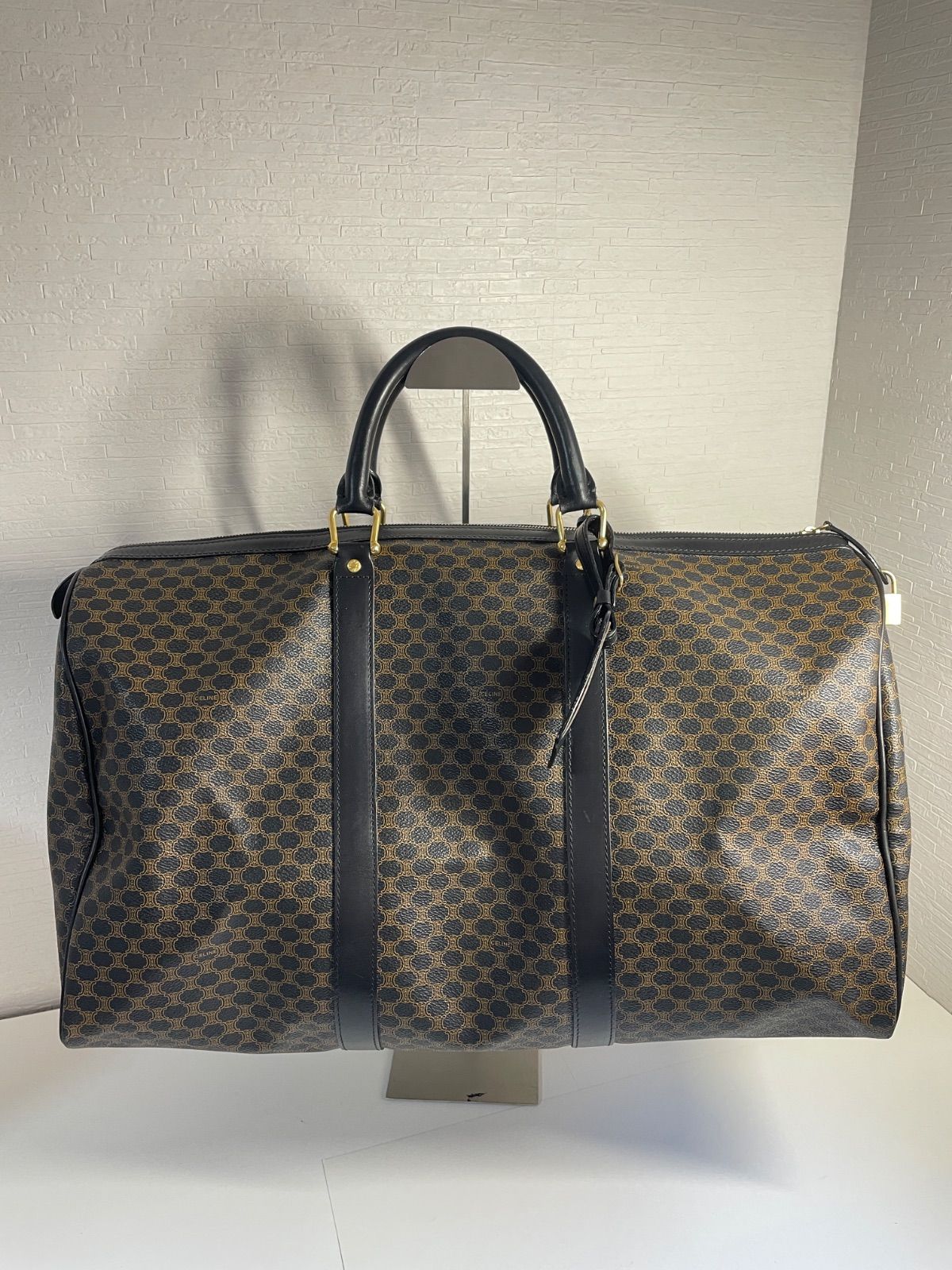 CELINE セリーヌ ボストンバッグ 黒マカダム 南京錠付き レザー 大容量 旅行 H