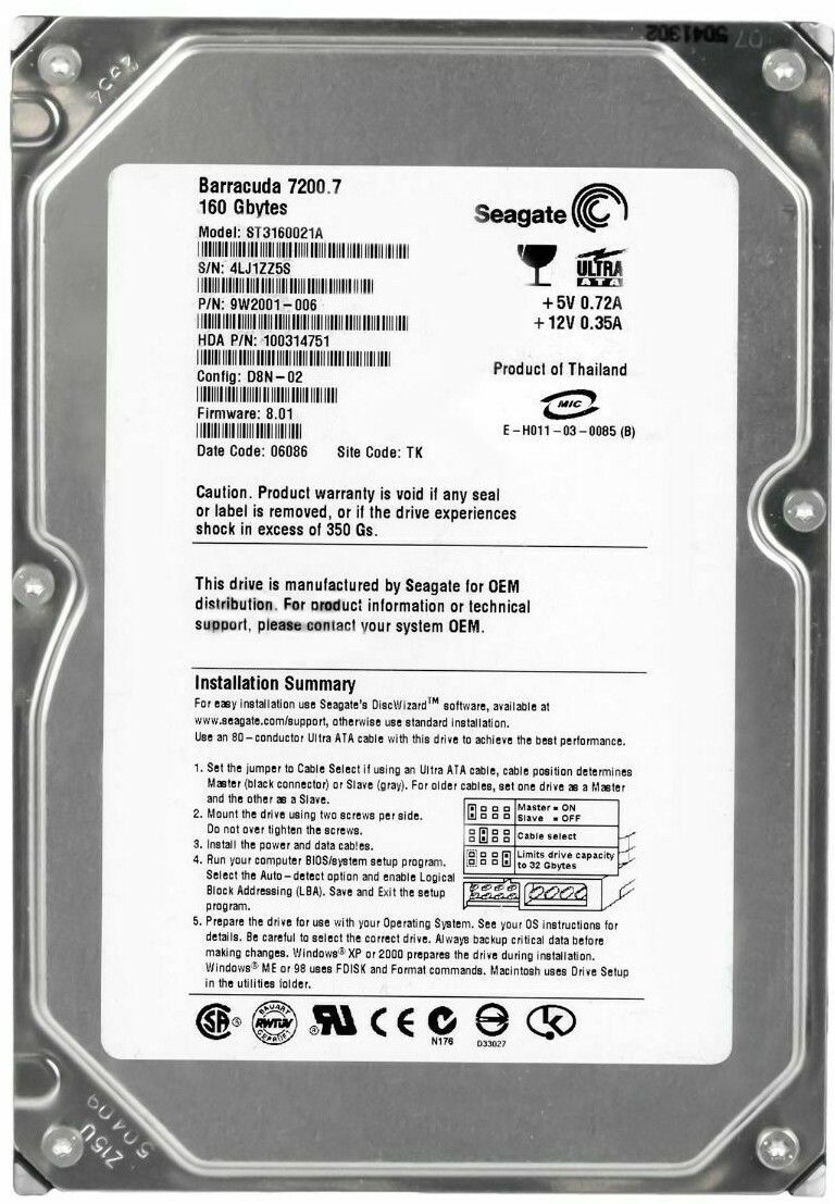 【3年保証】Hard Seagate Barracuda 7200.7 160GB 7200U/Min 2MB Ata ST3160021A 3.5 Seagate Hard Barracuda Reviews ST340014AS UK