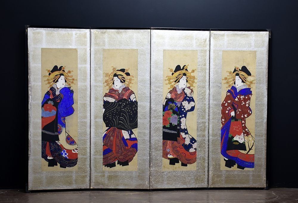 蔵A2064】時代 浮世絵 肉筆 花魁図屏風 幕末～明治※沖縄発送不可
