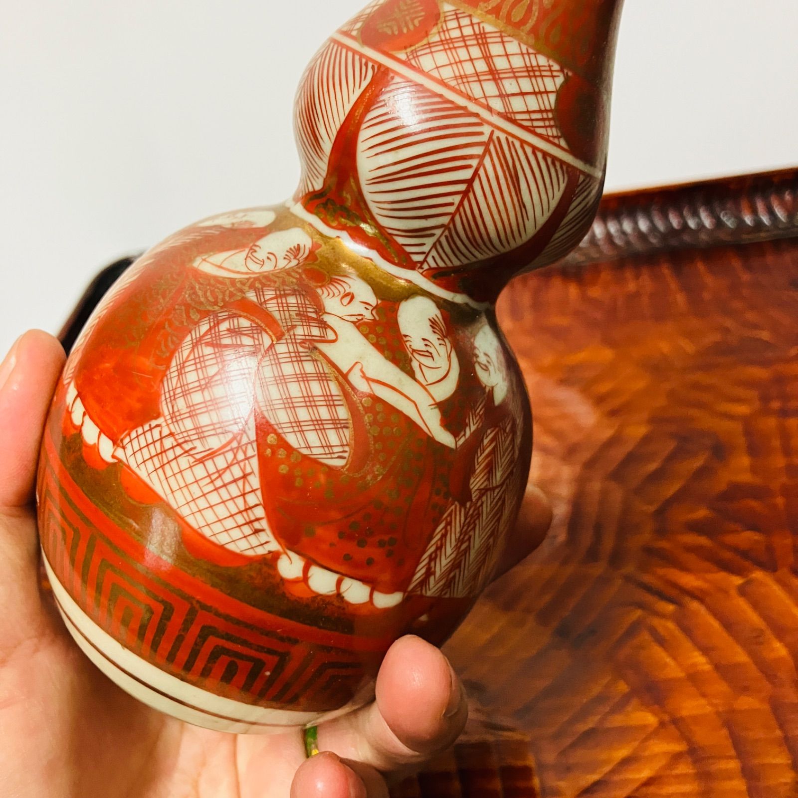 明治ごろ 九谷焼 赤絵金彩人物図 人物文の瓢型徳利 花入などにも|雑貨