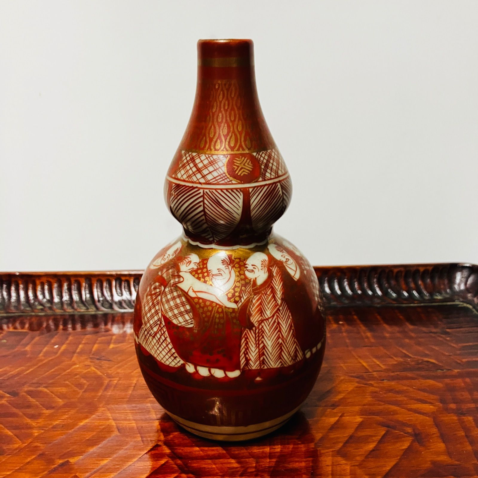 明治ごろ 九谷焼 赤絵金彩人物図 人物文の瓢型徳利 花入などにも|雑貨