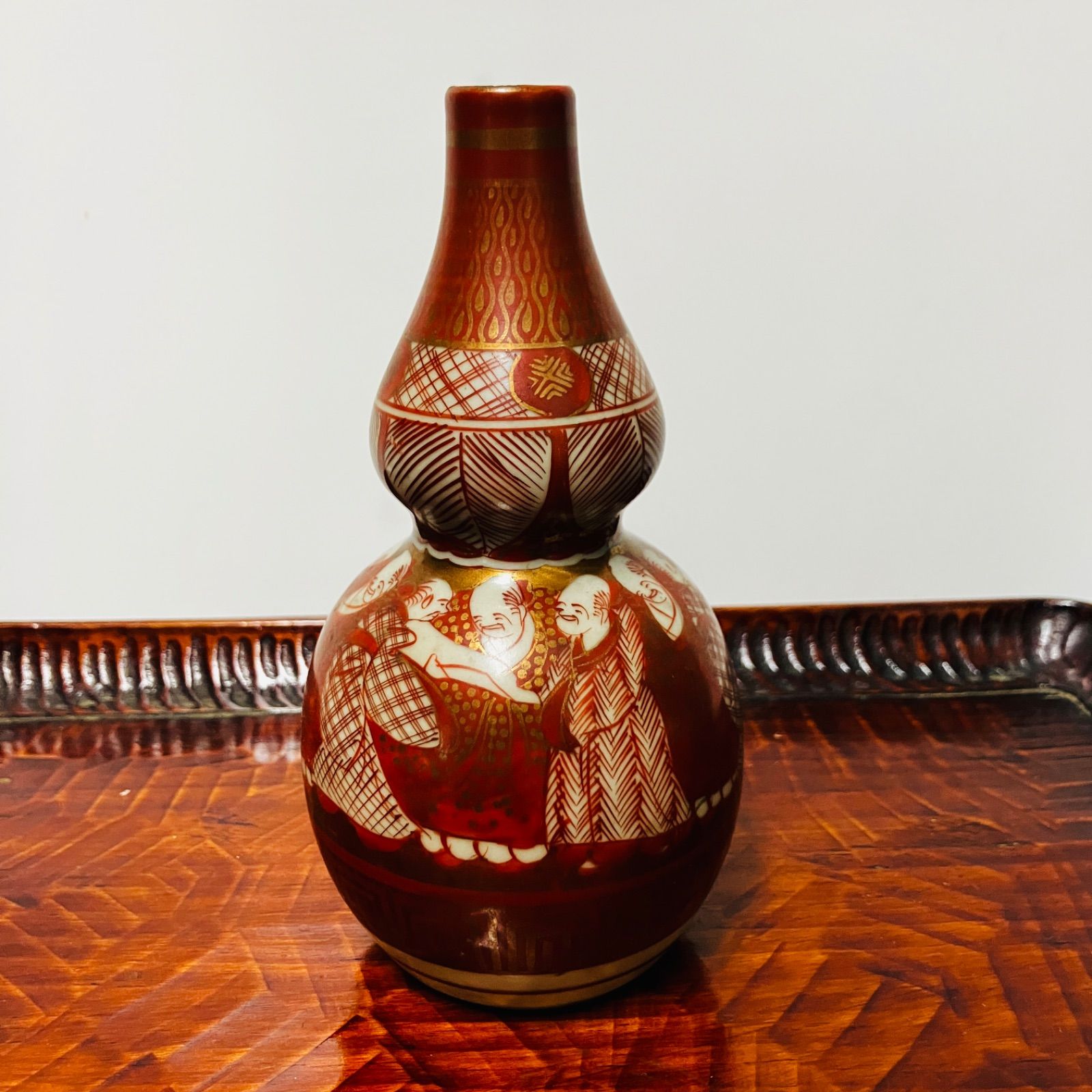 明治ごろ 九谷焼 赤絵金彩人物図 人物文の瓢型徳利 花入などにも|雑貨