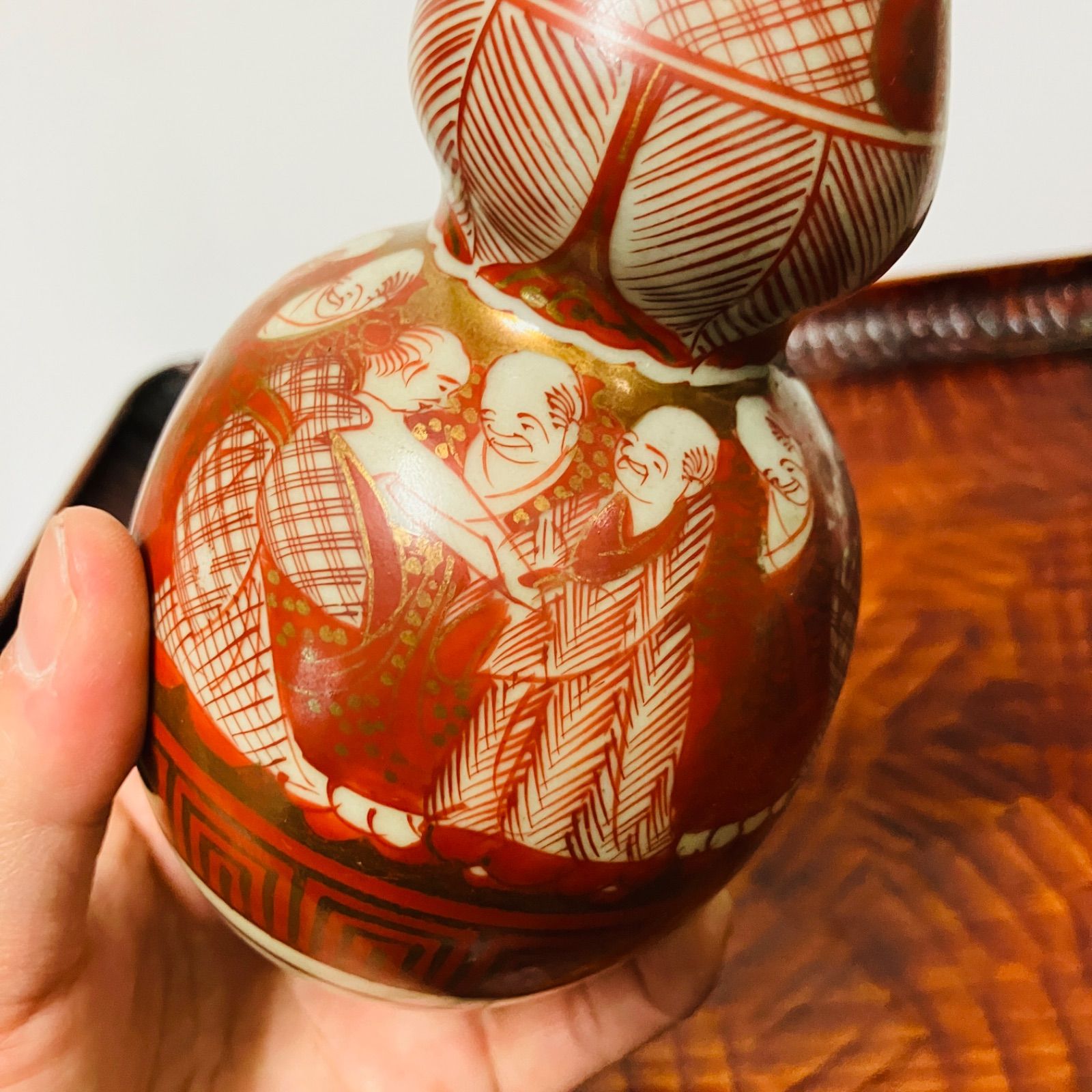 明治ごろ 九谷焼 赤絵金彩人物図 人物文の瓢型徳利 花入などにも|雑貨