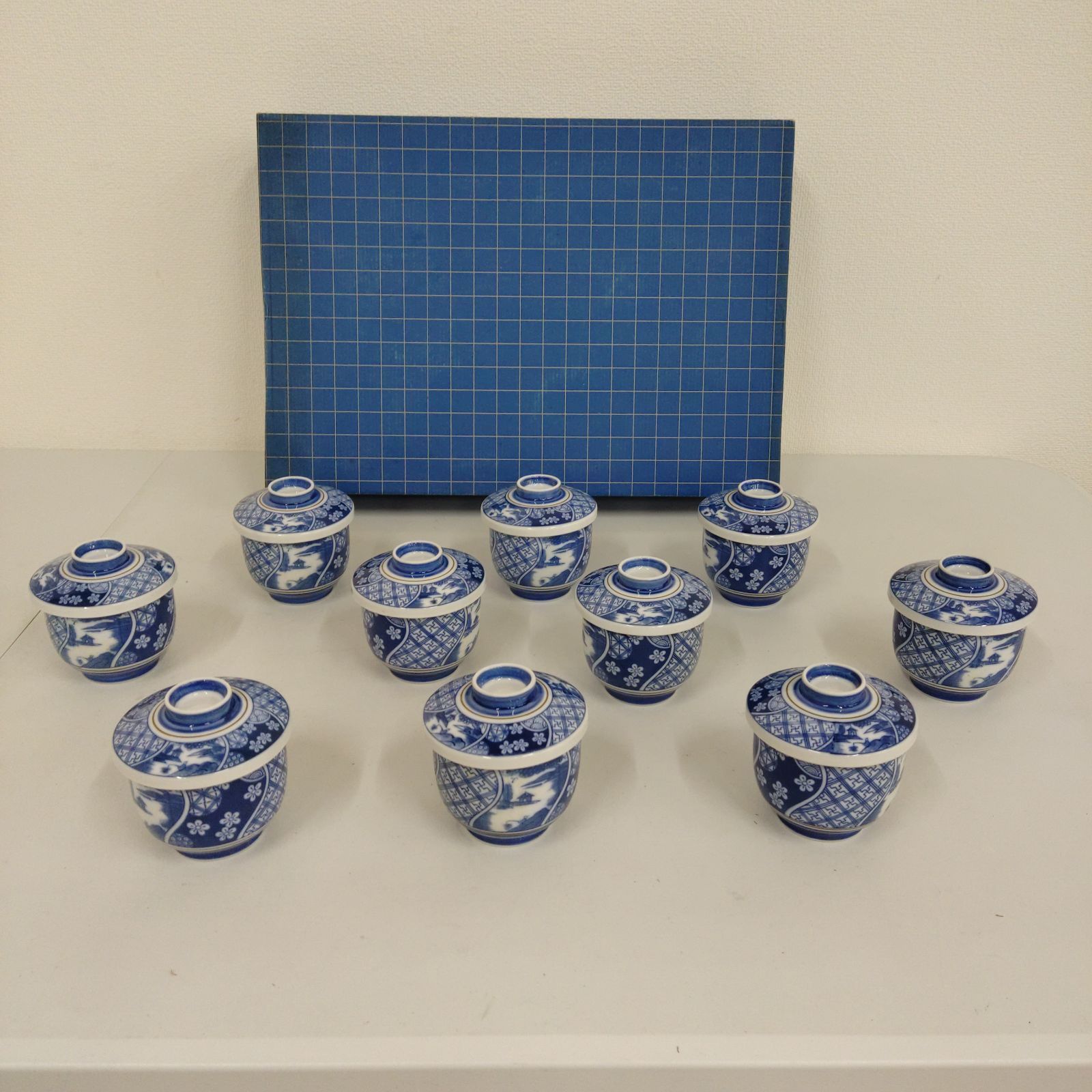 TAKA57-99】☆ 陶器 ｢間取山水 蒸し椀 蓋付き 茶碗蒸し茶碗｣ 10客