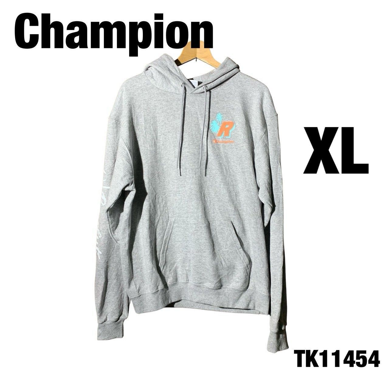 Champion ライトグレー パーカー XL バックプリント フーディー プル