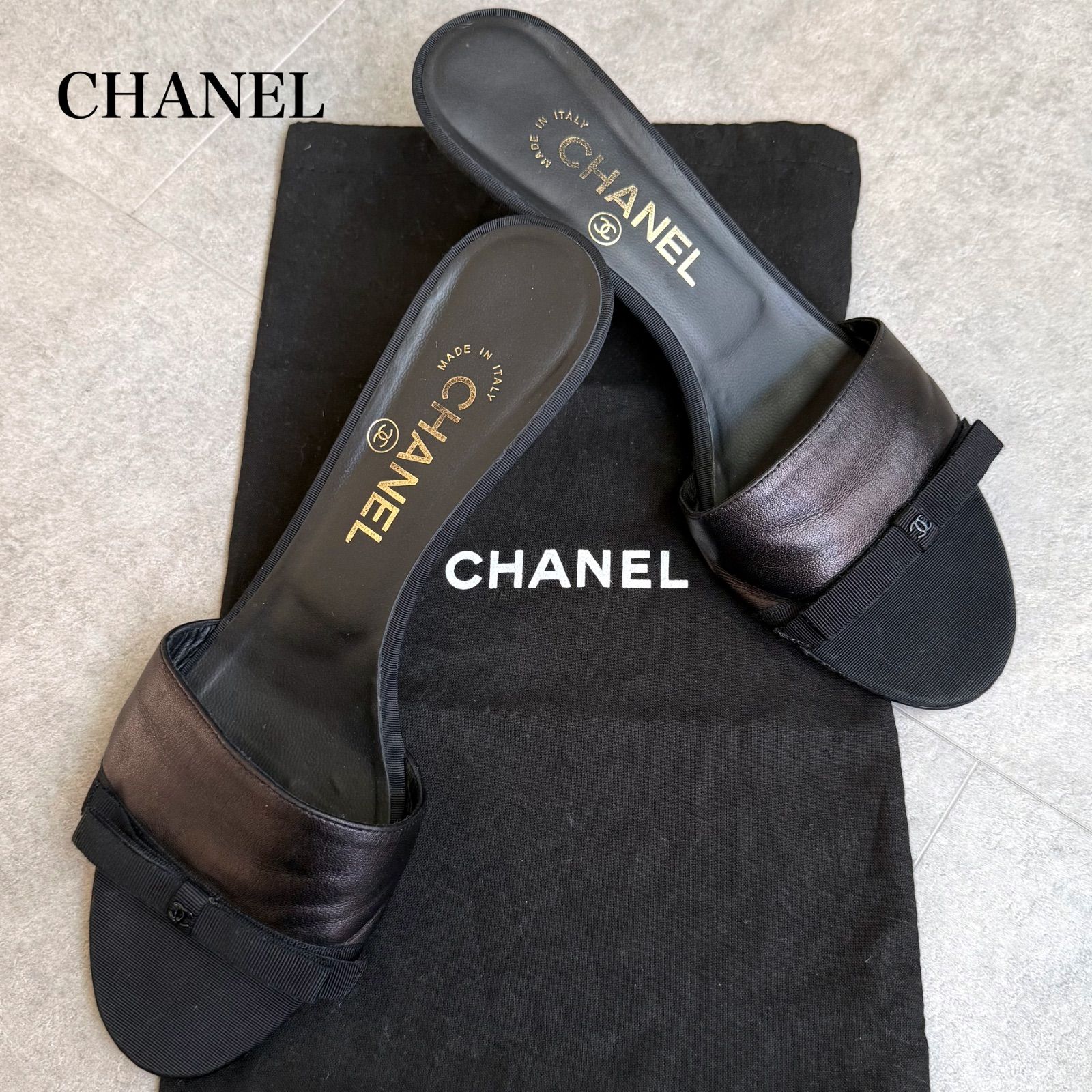 美品 CHANEL シャネル ココマーク リボン ミュール サンダル レザー