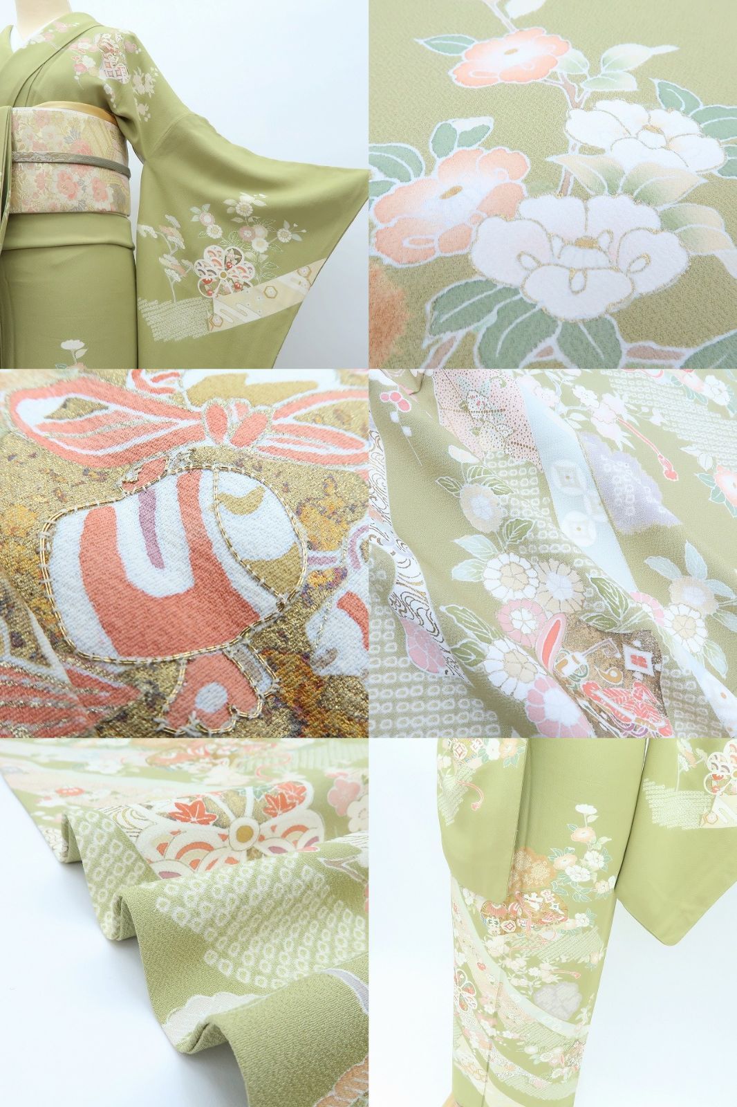 百華❀Y4207◇金駒刺繡 手縫い仕立て 正絹 松 梅 牡丹 橘 桜 宝尽くし