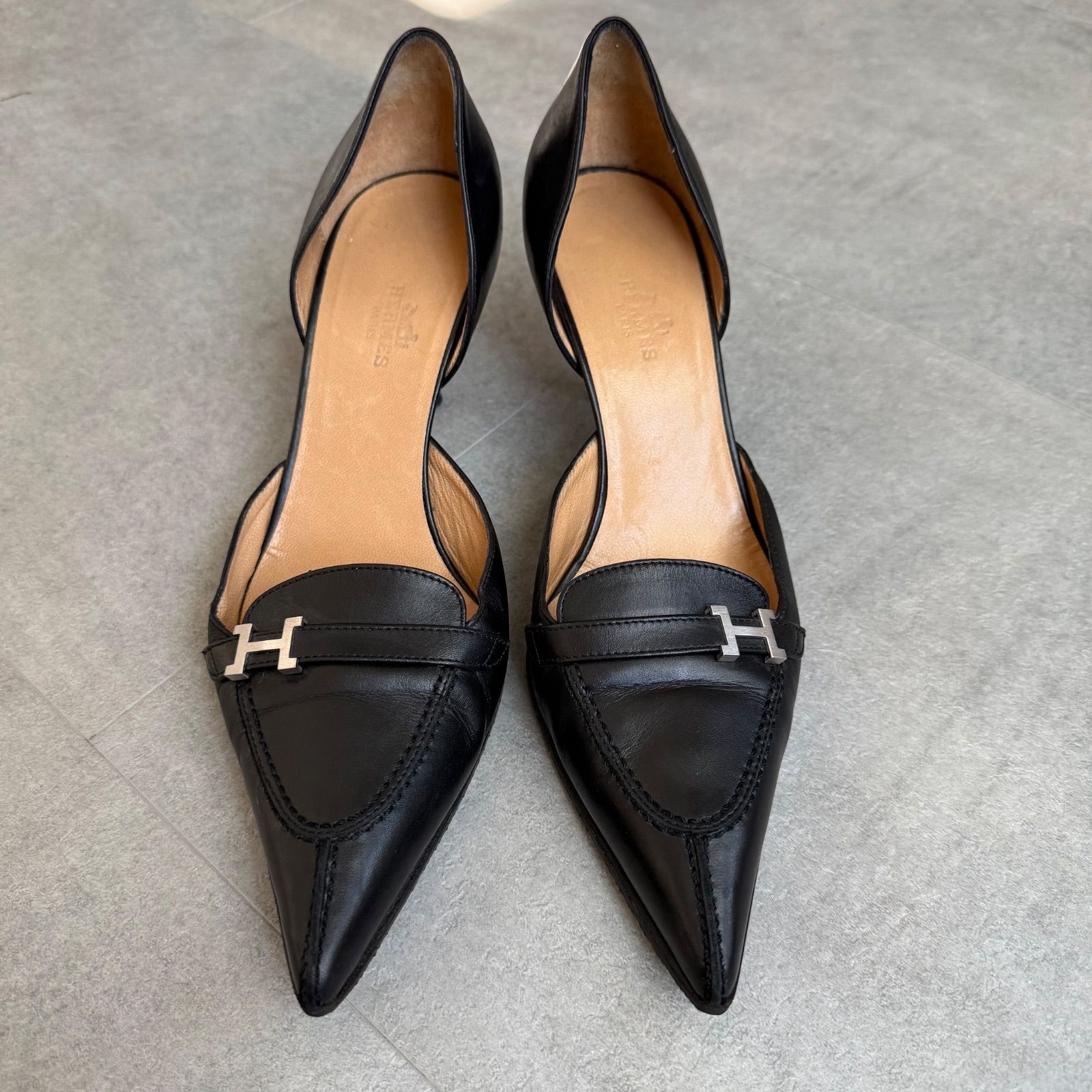 HERMES エルメス Hロゴ ポインテッドトゥパンプス レザー ブラック
