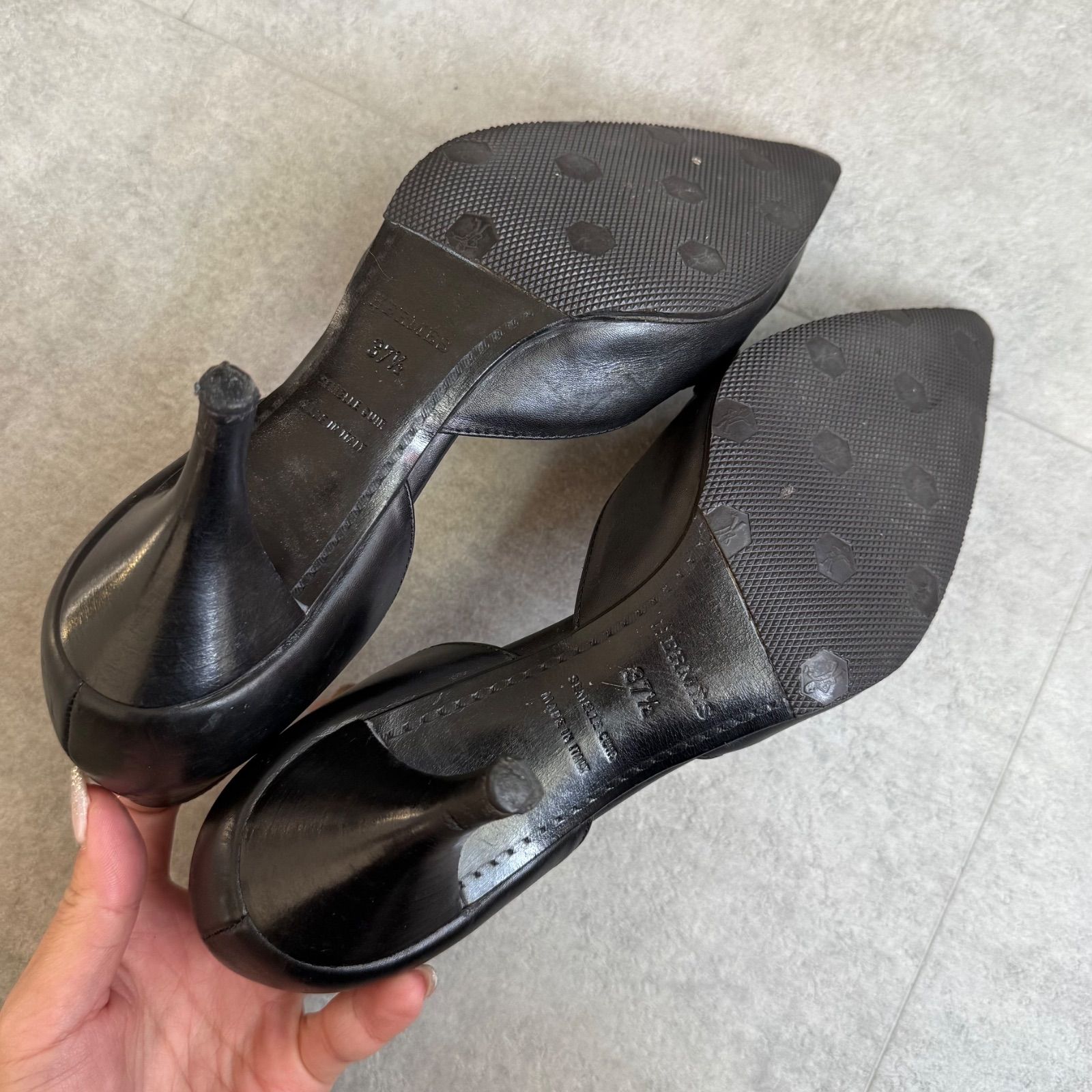 HERMES エルメス Hロゴ ポインテッドトゥパンプス レザー ブラック