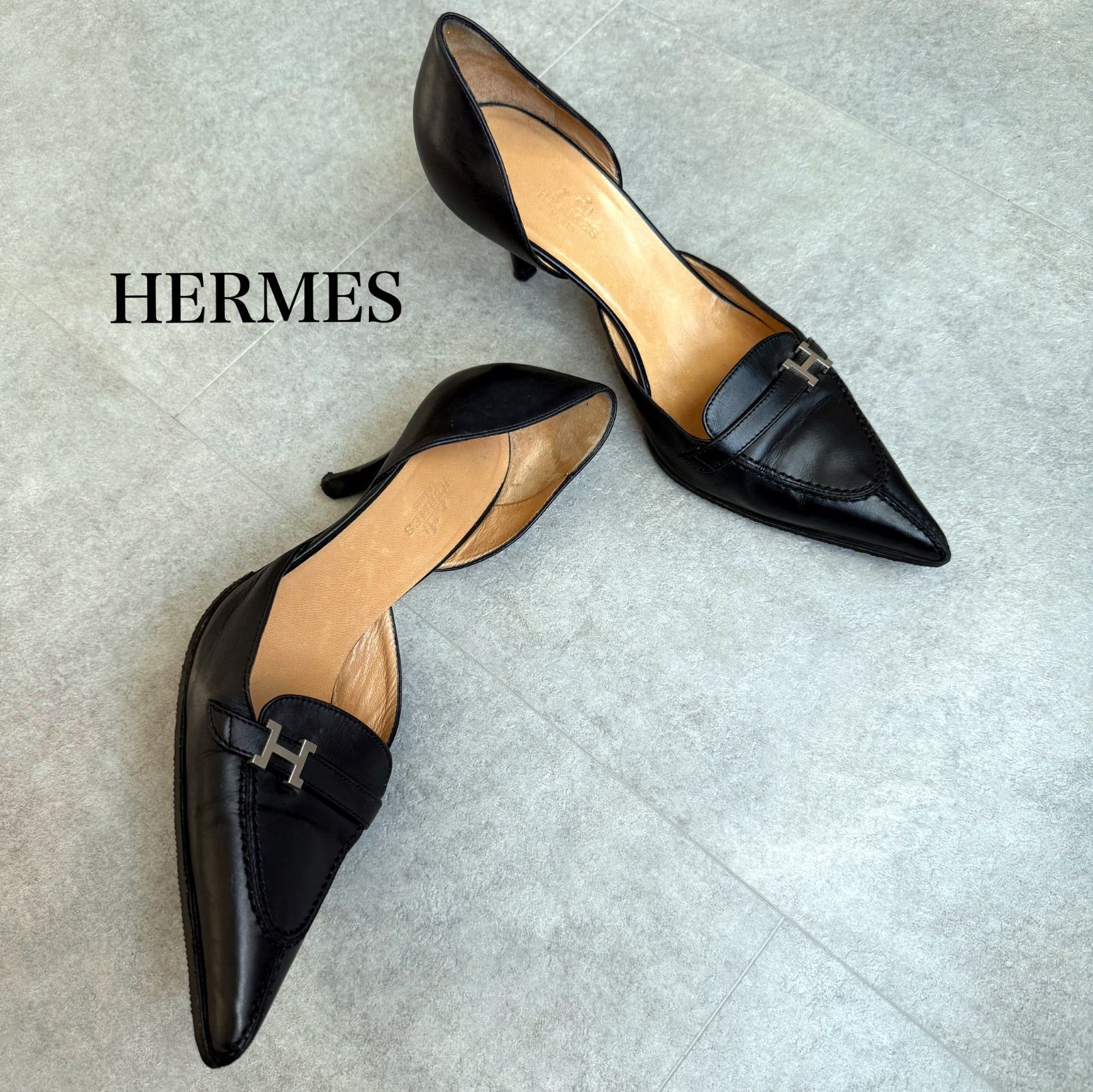 HERMES エルメス Hロゴ ポインテッドトゥパンプス レザー ブラック