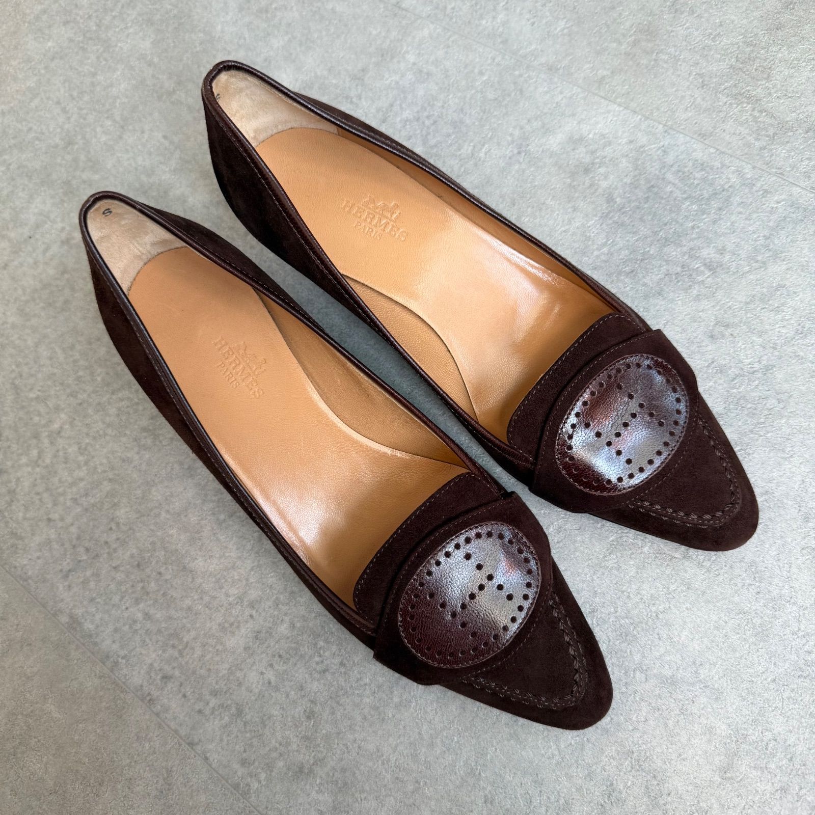 HERMES エルメス パンプス エブリン パンチングロゴ スエード レザー ブラウン き 35 レディースシューズ 22 cm