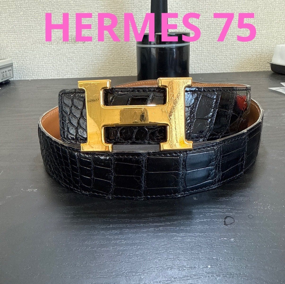 HERMES エルメス コンスタンスリバーシブルベルト75 ゴールドバックル ブラック|キャメル クロコダイルポロサス ユニセックス