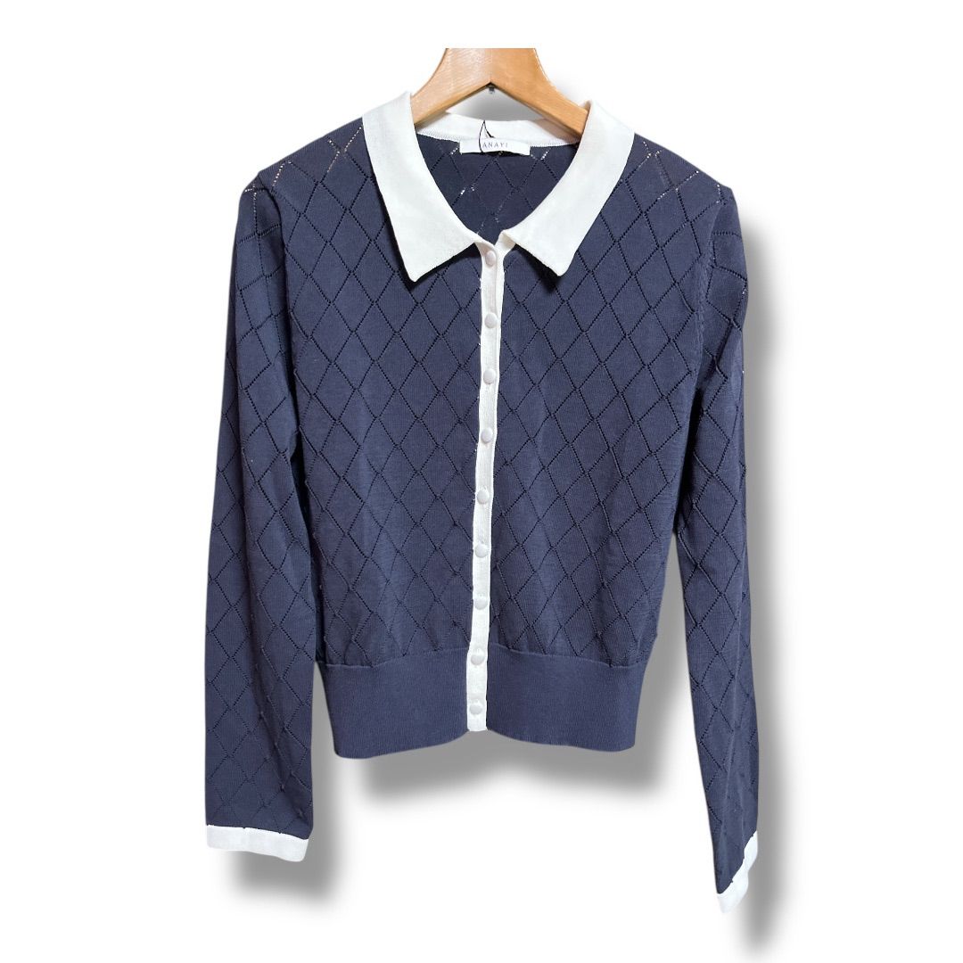 ANAYI アナイ プレイドパターンポロ カーディガン 定価24200円 長袖 羽織り コットンニット レディース サイズ38 ネイビー 秋 5 No.K 1065