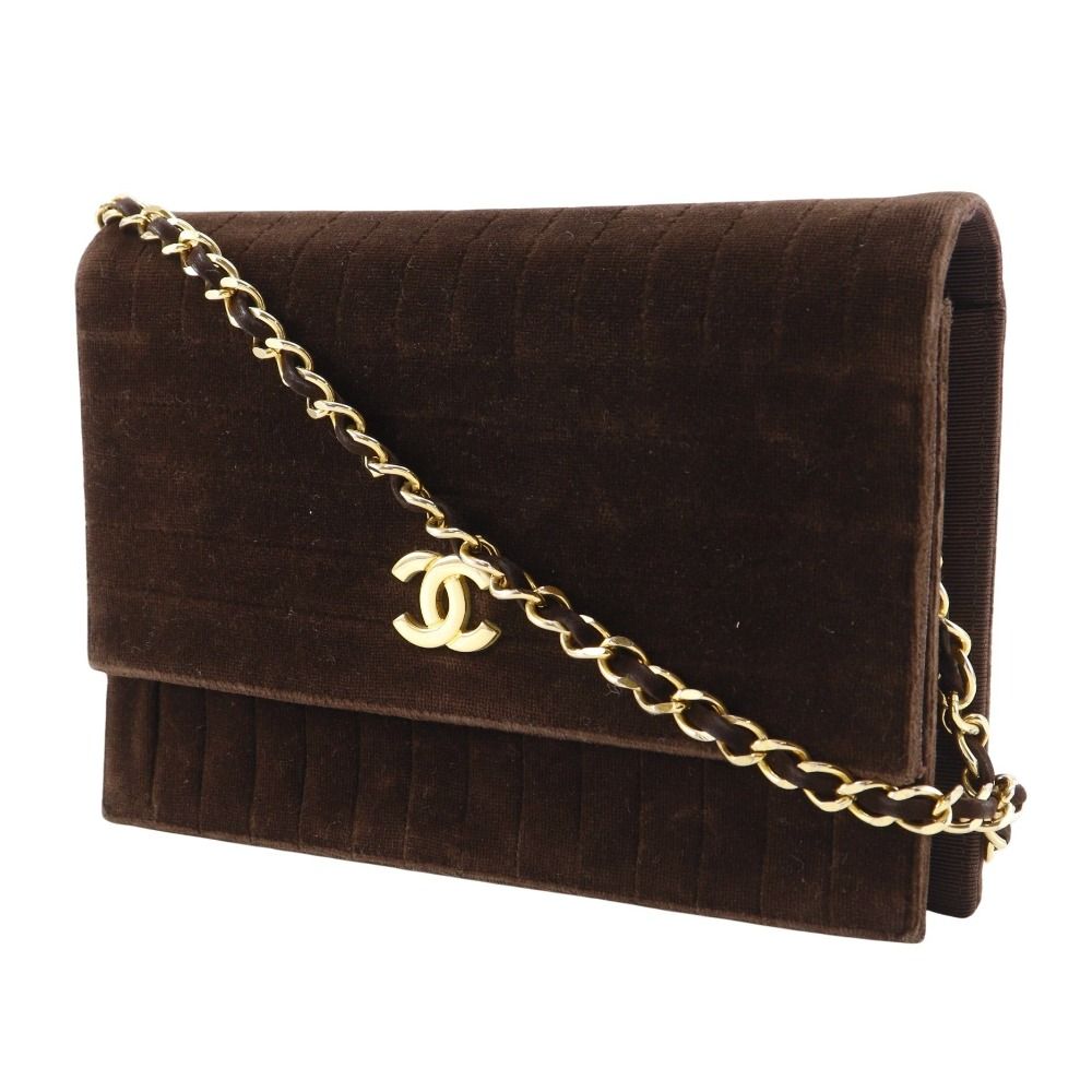 CHANEL シャネル チェーンショルダー マドモアゼル ベロア 茶 ショルダーバッグ CHANEL】シャネル チェーンショルダー マドモアゼル ベロア 茶