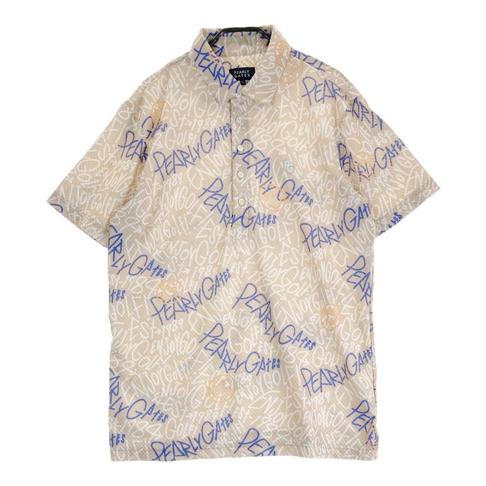 サイズ 6 PEARLY GATES パーリーゲイツ 半袖ポロシャツ 落書き風ロゴ チェック柄 ベージュ系 ゴルフウェア メンズ ストスト