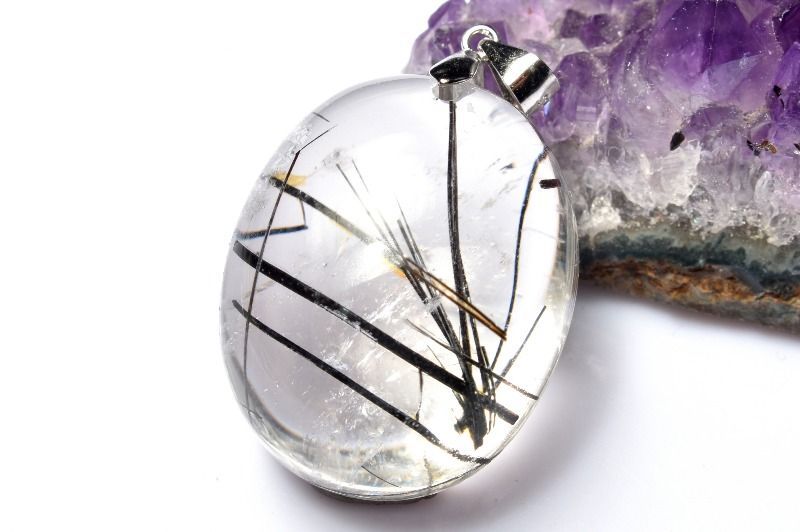 １点物 シルバー925 AAクリア ブラックトルマリンインクォーツ 28 x 22 mm オーバル ペンダントトップ パワーストーン 天然石 _PC 7979