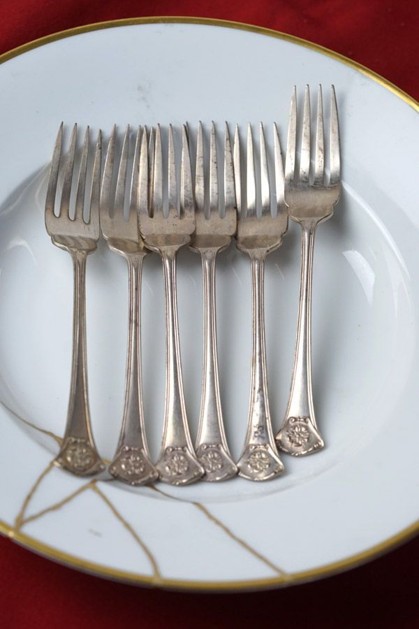  英国アンティーク EPNS シルバー デザートフォーク 6本組 gc 1903 フォーク カトラリー(スプーン等)