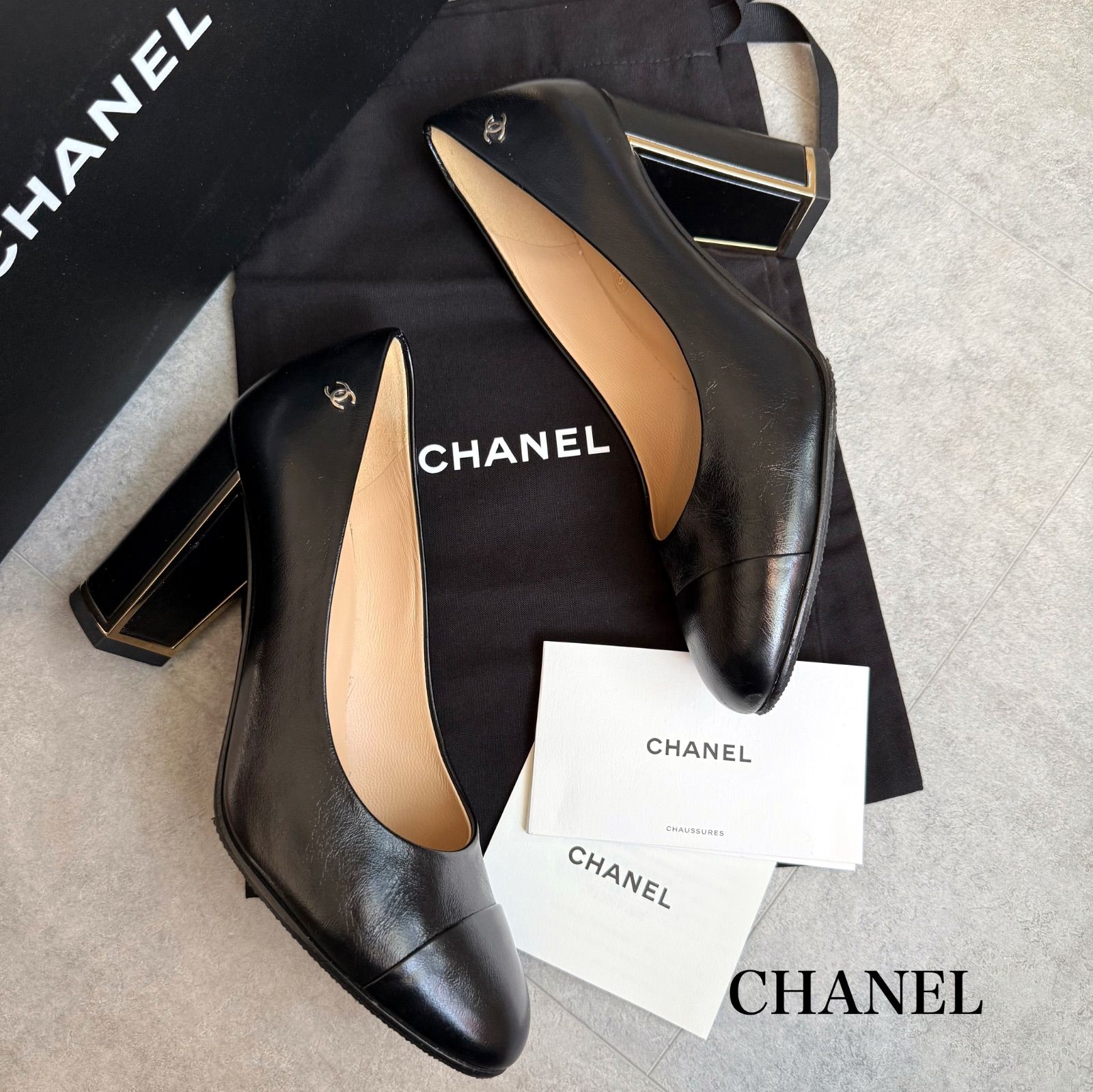 美品 CHANEL シャネル ココマーク ゴールドヒールパンプス レザー