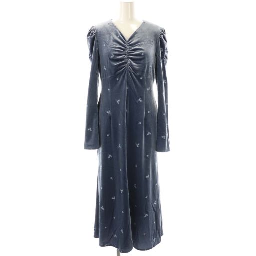 セルフォード CELFORD 24 AW ベロア総刺繍ワンピース Vネック 38 ブルー CX OS