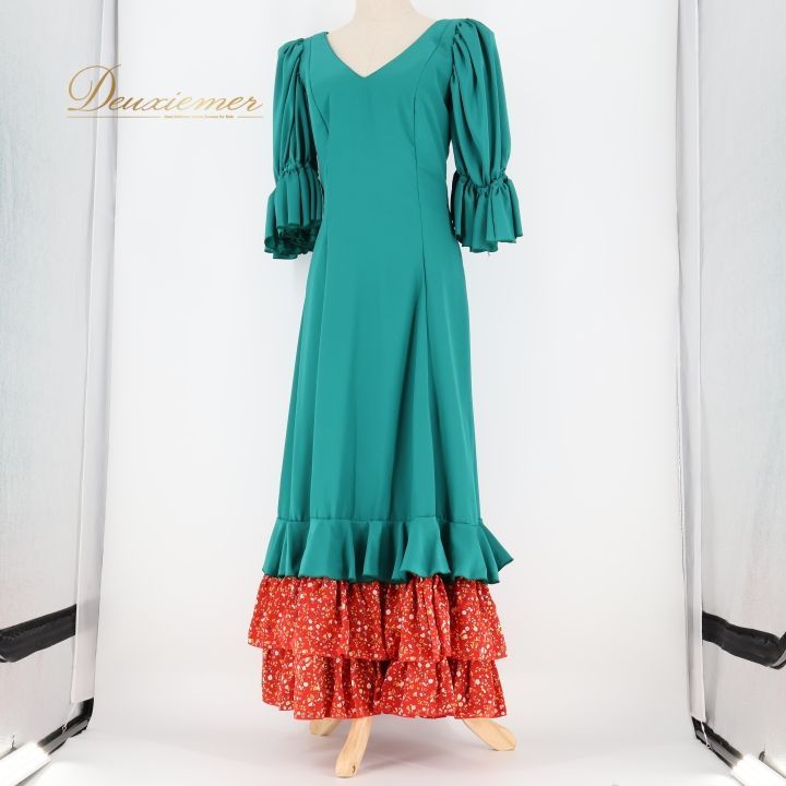 フラメンコ 衣装 ワンピース ドレス 緑 赤 ボランテ フリル 無地 花柄