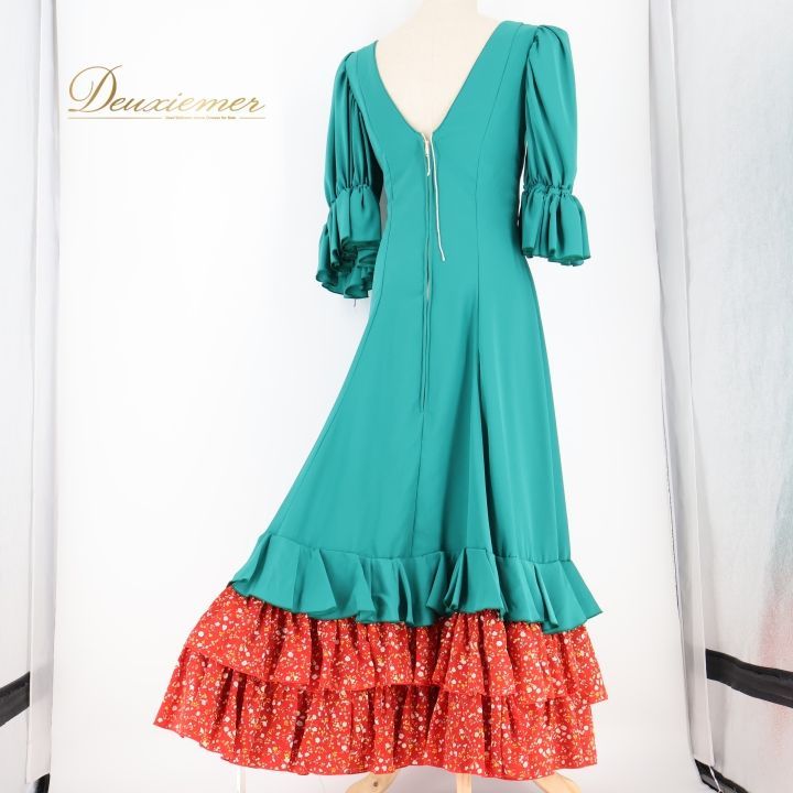 フラメンコ 衣装 ワンピース ドレス 緑 赤 ボランテ フリル 無地 花柄