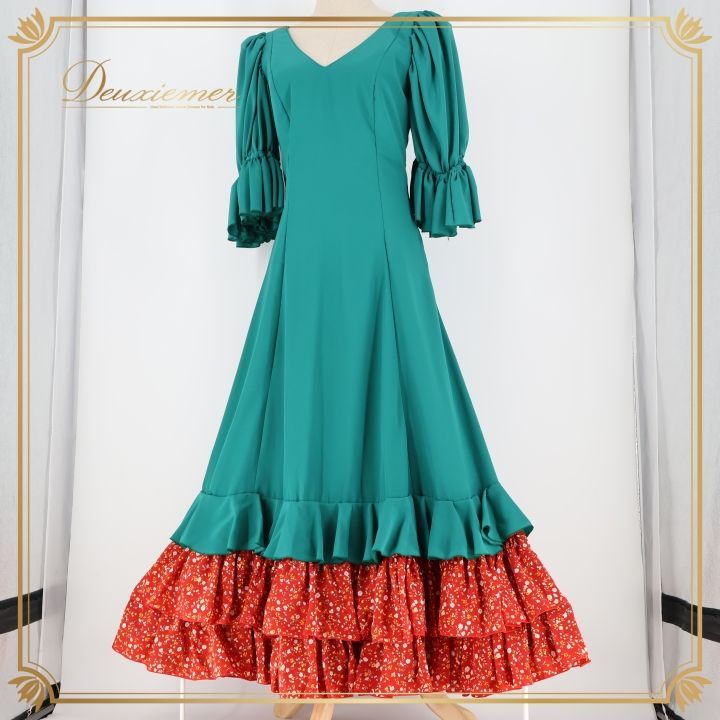 フラメンコ 衣装 ワンピース ドレス 緑 赤 ボランテ フリル 無地 花柄