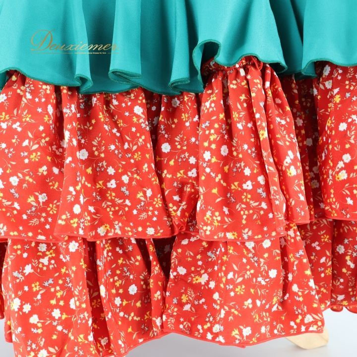 【フラメンコ衣装】レッド×花柄ボランテ ワンピース ドレス 赤 軽い素材 ブルー フラメンコ 衣装 ワンピース ドレス 緑 赤 ボランテ フリル 無地 花柄