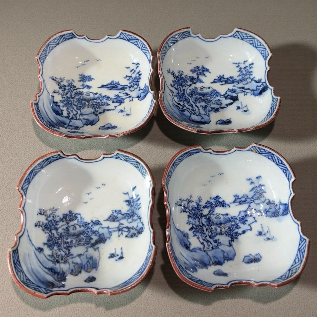 九谷焼 [四客揃] 今小鉢 直径11cm 山水 金彩 手描き 和食器 時代物