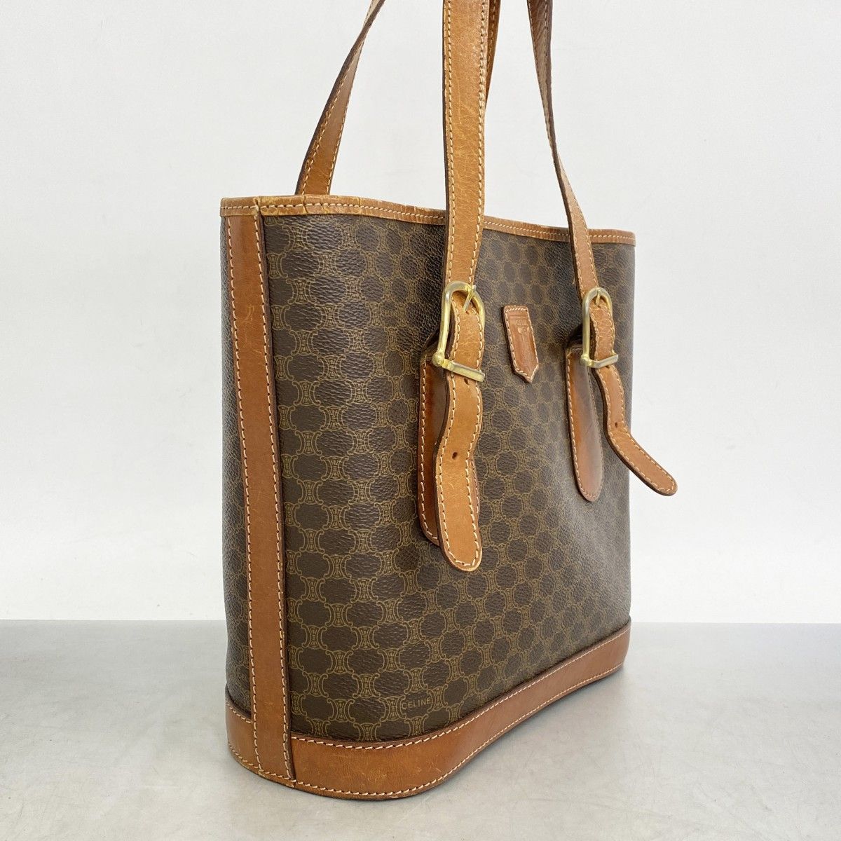 5 pb 2744 セリーヌ トートバッグ マカダム PVC ブラウン ゴールド金具 レディース