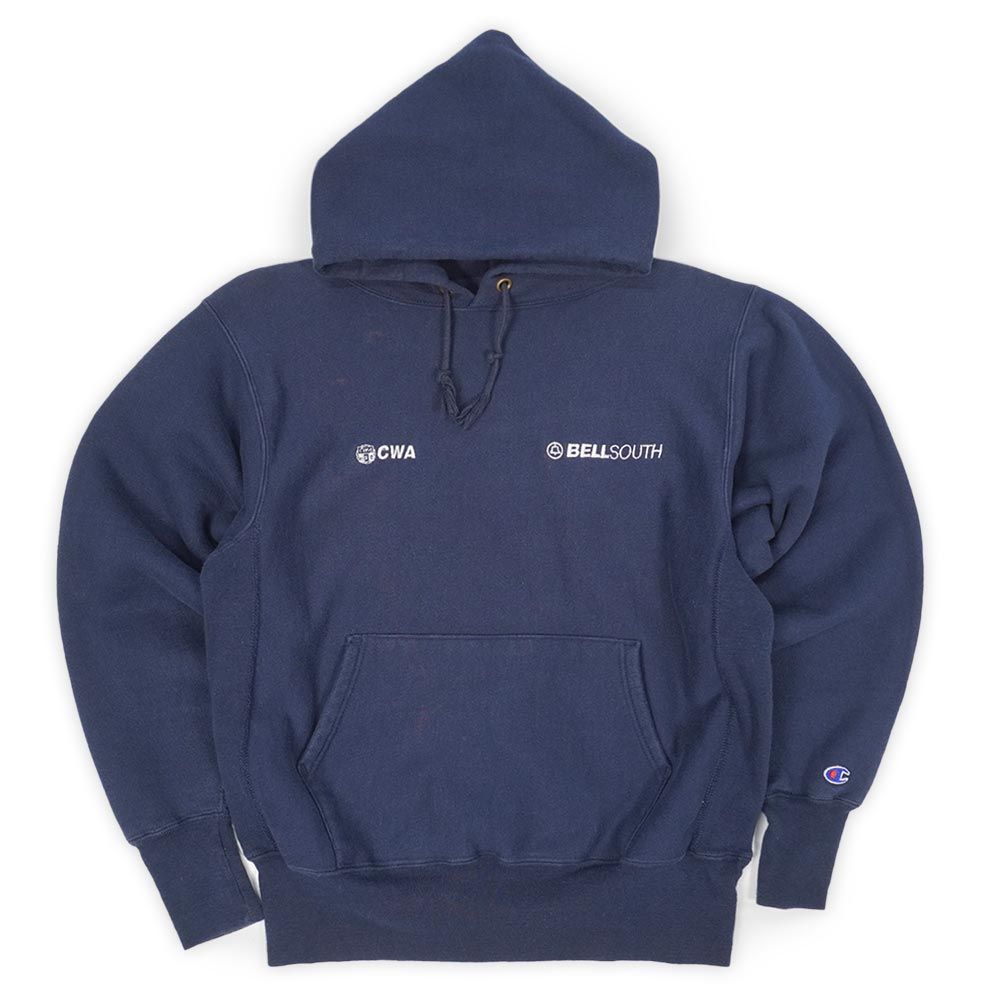 チャンピオン Champion 90 s 90年代 リバースウィーブ REVERSE WEAVE スウェットパーカー MADE IN USA アメリカ製 企業ロゴ 刺繍タグ ヴィンテージ 古着 メンズ ネイビー 紺 L