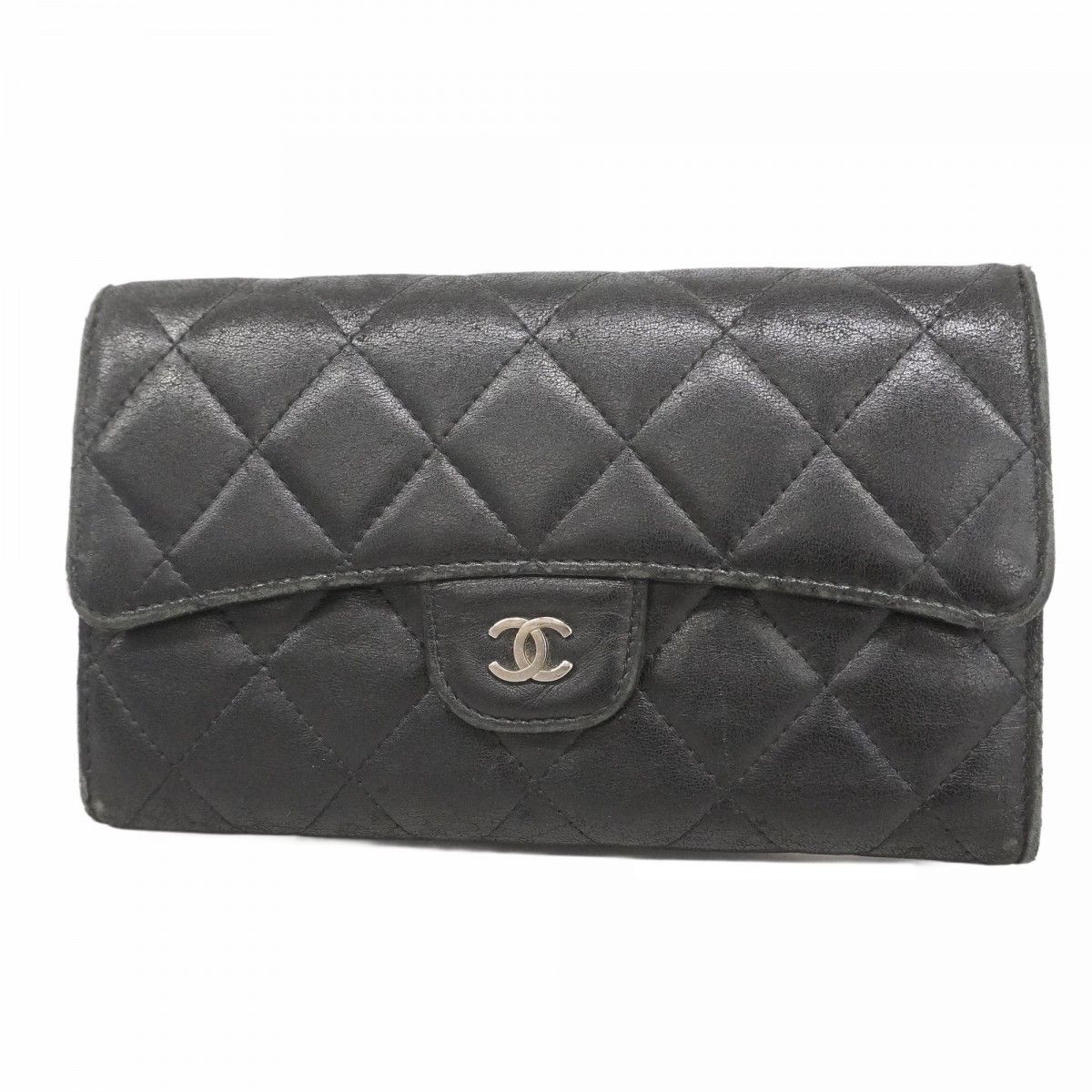 5 pb 2837 シャネル 三つ折り長財布 マトラッセ ラムスキン ブラック シルバー金具 レディース