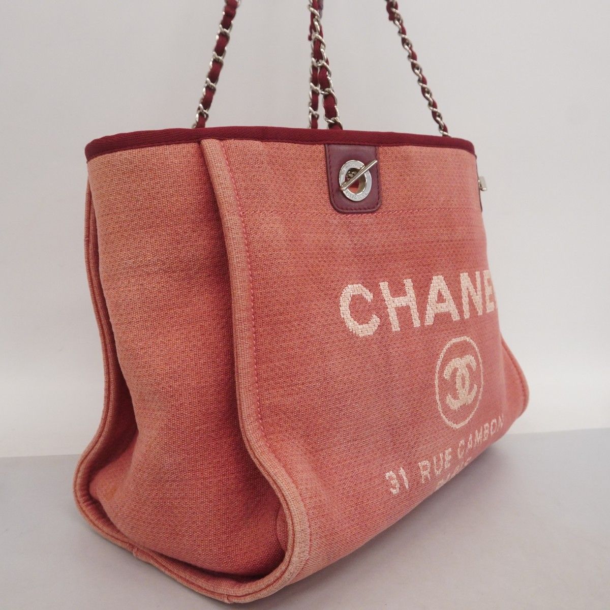 5 pb 2838 シャネル トートバッグ ドーヴィル キャンバス ピンク シルバー金具 レディース
