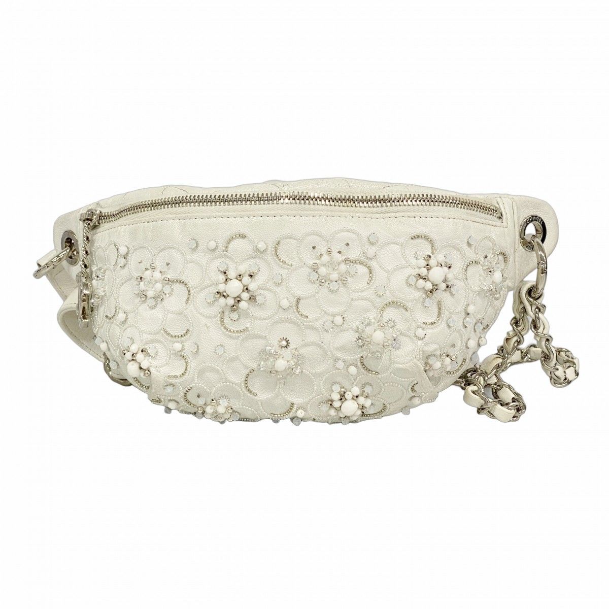 5 pb 2864-k シャネル ウエストバッグ カメリア ラムスキン チェーン ホワイト シルバー金具 レディース