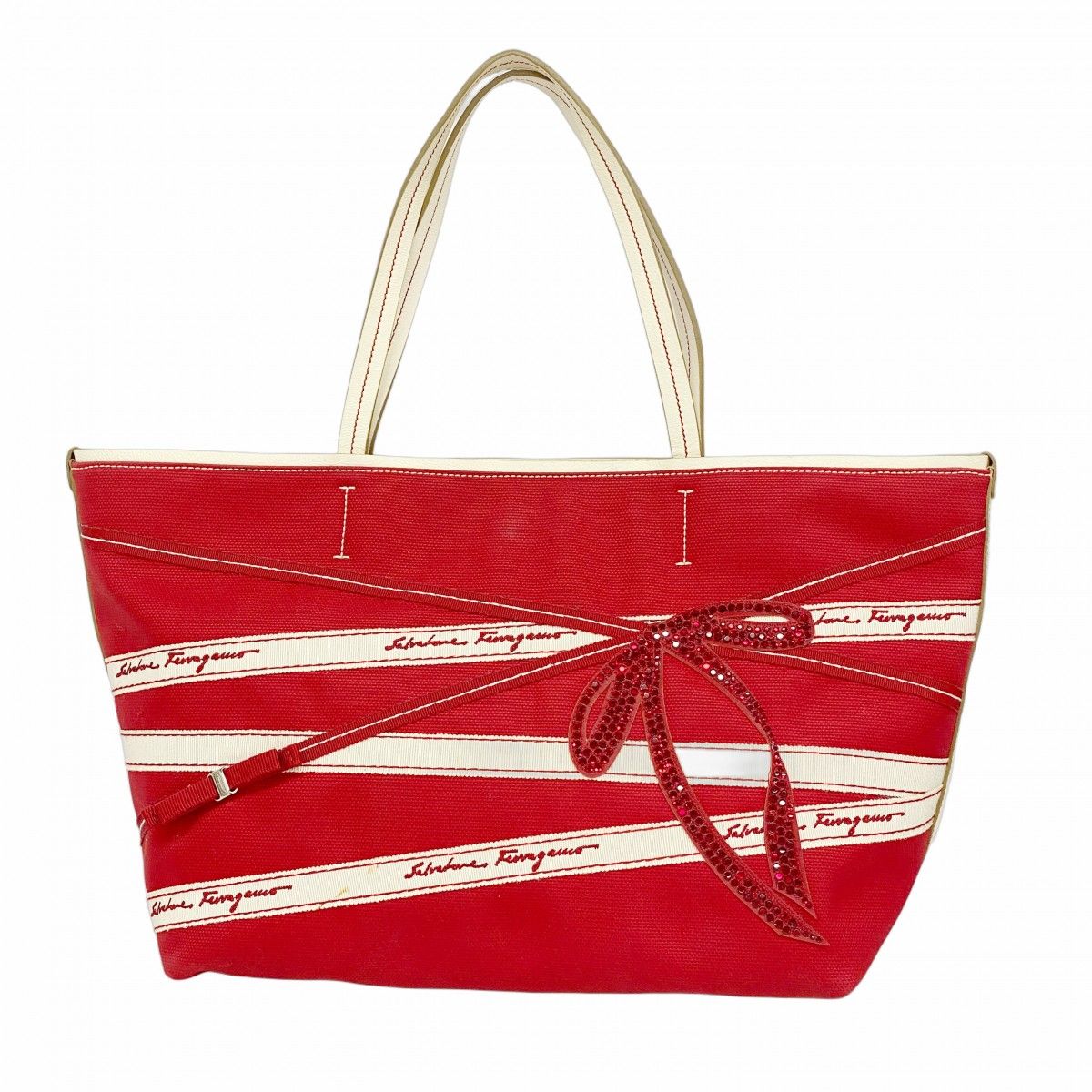 5 pb 3035 サルヴァトーレフェラガモ トートバッグ キャンバス レッド シルバー金具 レディース