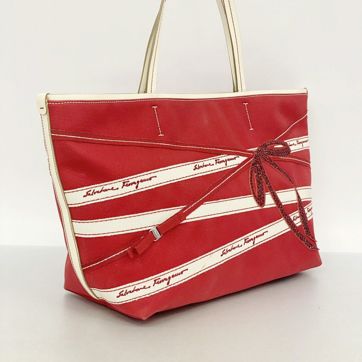 5 pb 3035 サルヴァトーレフェラガモ トートバッグ キャンバス レッド シルバー金具 レディース