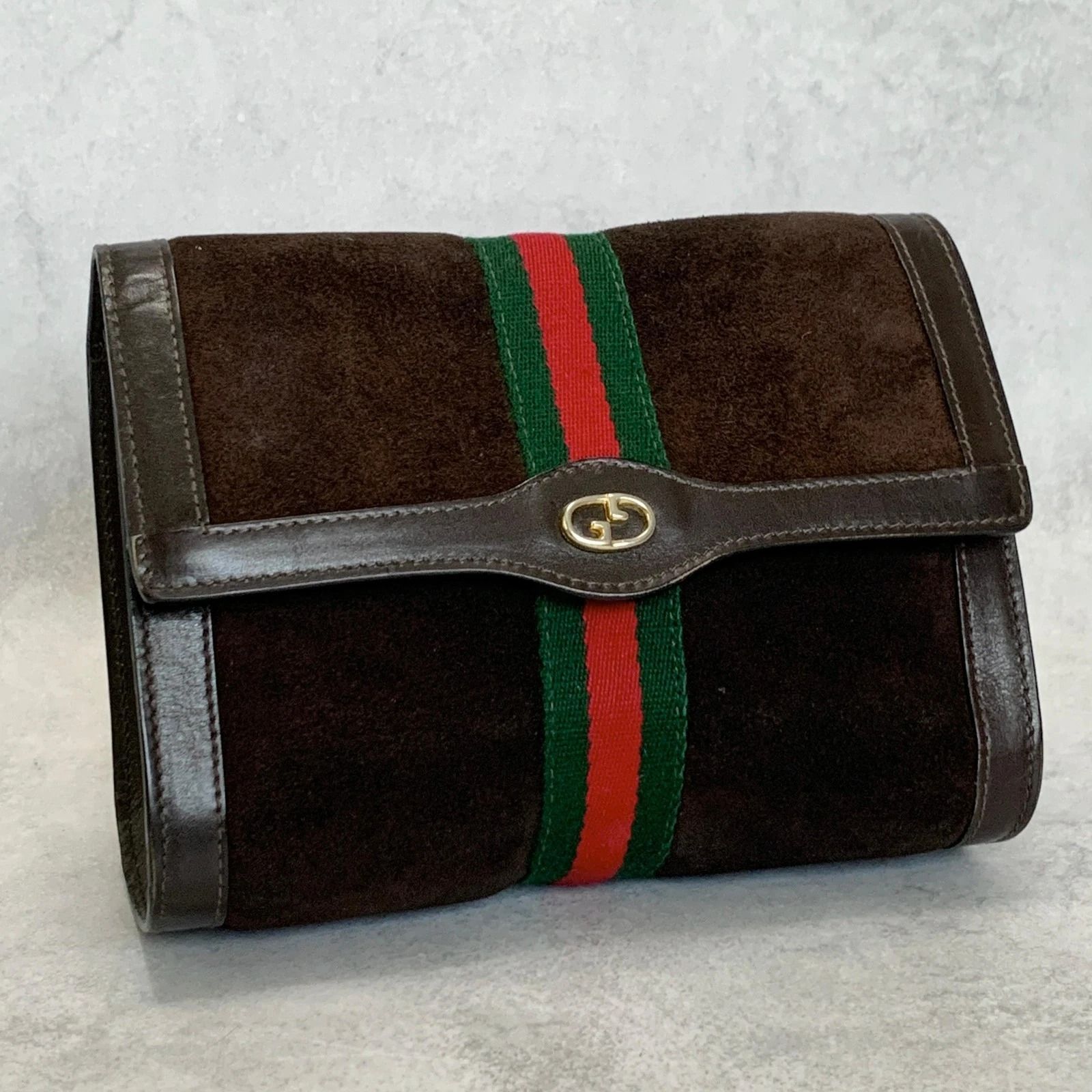 GUCCI クラッチバッグ スエード ハンドバッグ レザー GG ブラウン シェリーライン