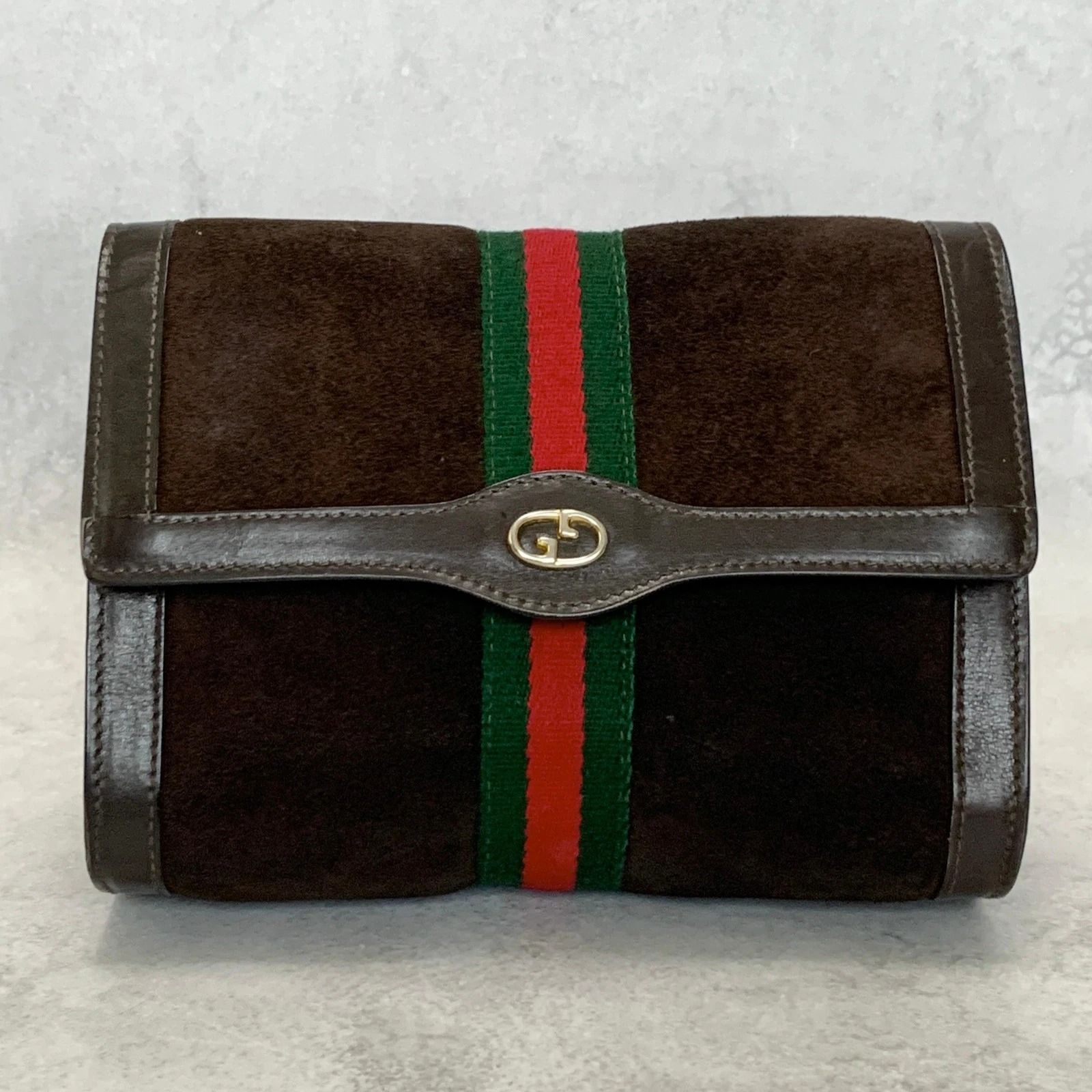 GUCCI クラッチバッグ スエード ハンドバッグ レザー GG ブラウン シェリーライン