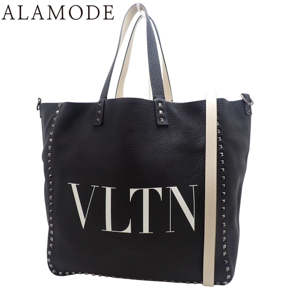 ヴァレンティノ リバーシブルビッグトート トートバッグ 肩掛け ショルダーバッグ 2 WAY スタッズ レザー ブラック黒 ベージュ ガンメタル金具 レディース アラモード