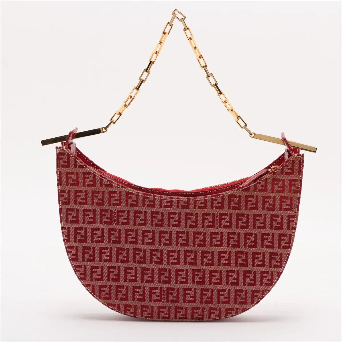 美品 フェンディ ズッキーノ ハーフムーン レザー キャンバス チェーン