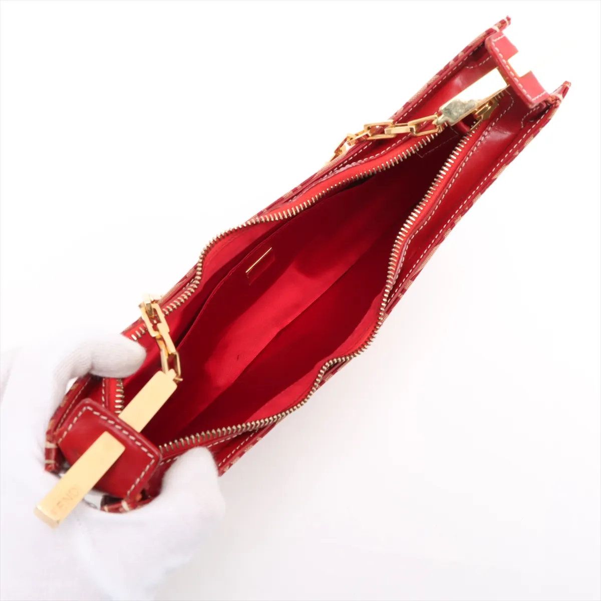 美品 フェンディ ズッキーノ ハーフムーン レザー キャンバス チェーン