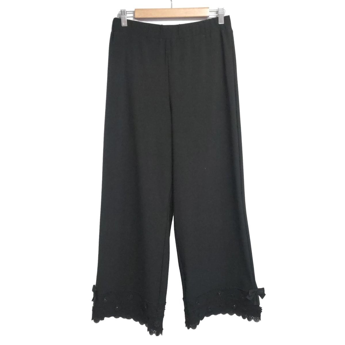 スーパービューティー パンツ サイズ42 L レディース - 黒 フルレングス ビーズ レース フラワー 花 リボン ウエストゴム