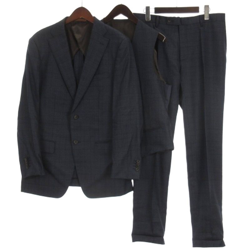 【中古】PERFECT SUIT FACTORY セットアップ チェック スーツ フォーマル ジャケット パンツ ベスト ネイビー AB7 PERFECT SUIT FACTORY CLASSICO MODEL セットアップ チェック スーツ
