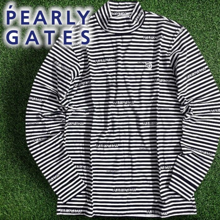 PEARLY GATES パーリーゲイツ ゴルフ 起毛ベア天 ロゴボーダー柄 総柄 ストレッチ モックネック 長袖 カットソー インナーシャツ ゴルフウェア 053-2266105 定価1.8万 ネイビー ホワイト 021 50910 w 11