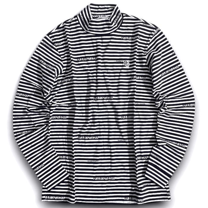 PEARLY GATES パーリーゲイツ ゴルフ 起毛ベア天 ロゴボーダー柄 総柄 ストレッチ モックネック 長袖 カットソー インナーシャツ ゴルフウェア 053-2266105 定価1.8万 ネイビー ホワイト 021 50910 w 11