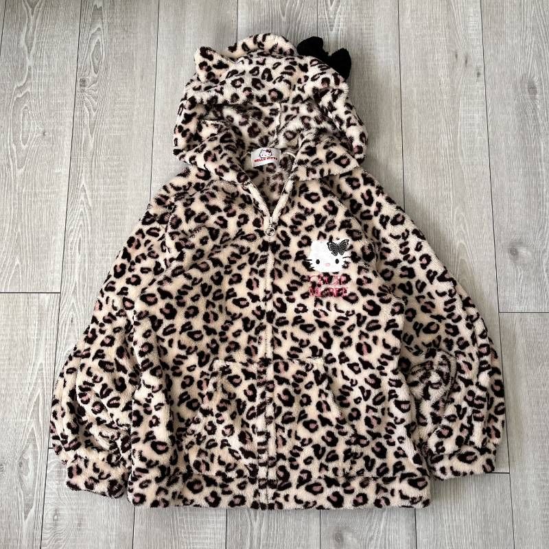 CECIL McBEE Hello Kitty Embroidered Leopard Boa Zip Hoodie Ears