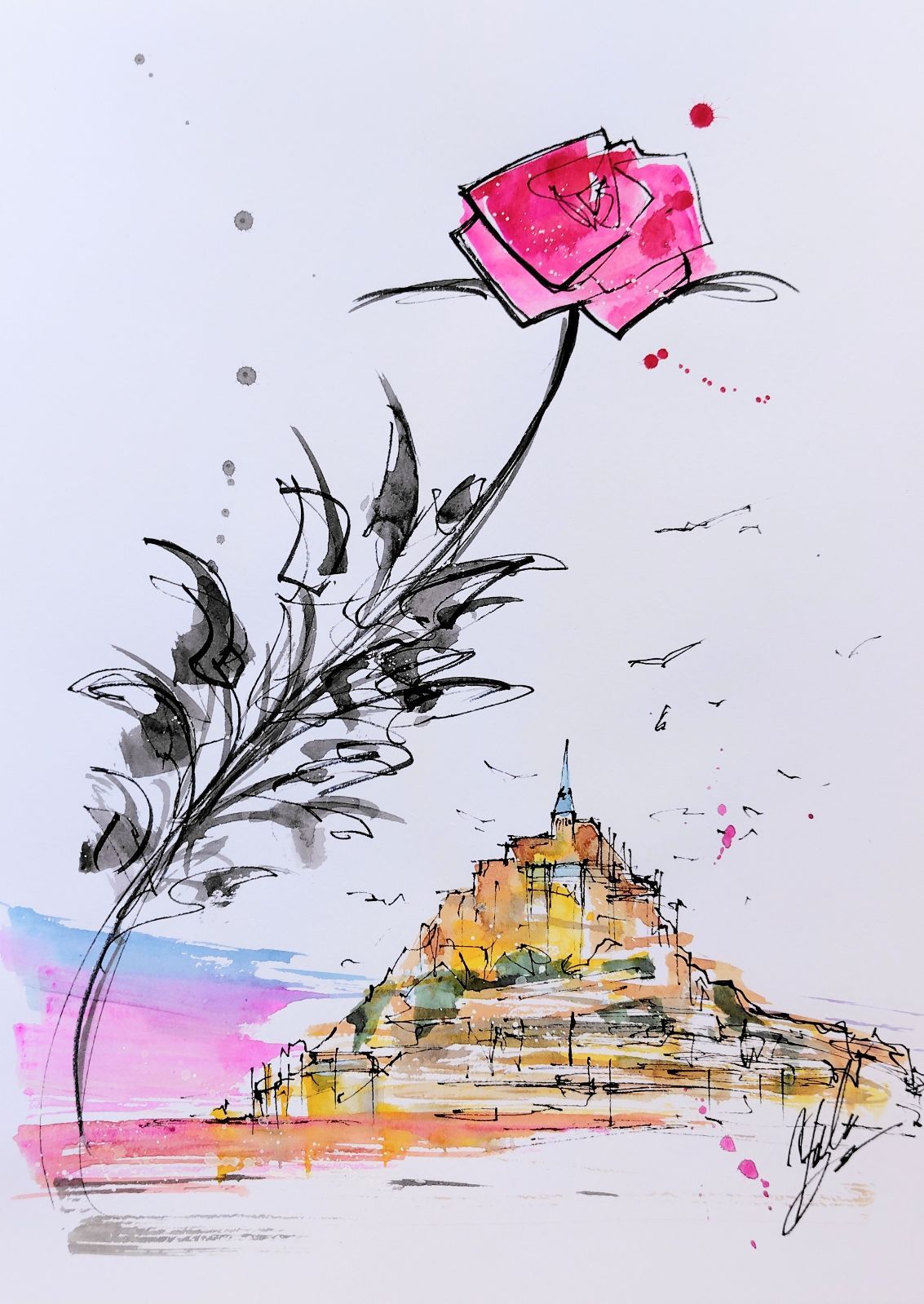 原画#52 薔薇 花 モンサンミシェル 水彩画 ドローイング インテリア