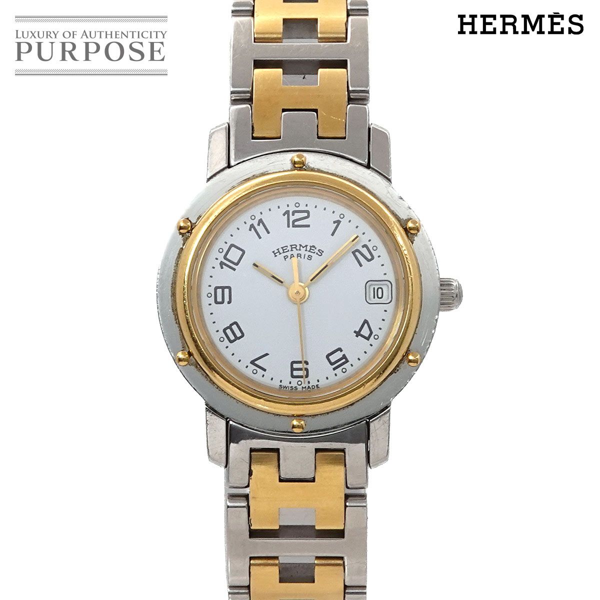 【HERMES】✨極美品✨ クリッパー レディース腕時計 コンビ ホワイト HERMES】✨極美品✨ クリッパー レディース腕時計 コンビ ホワイト
